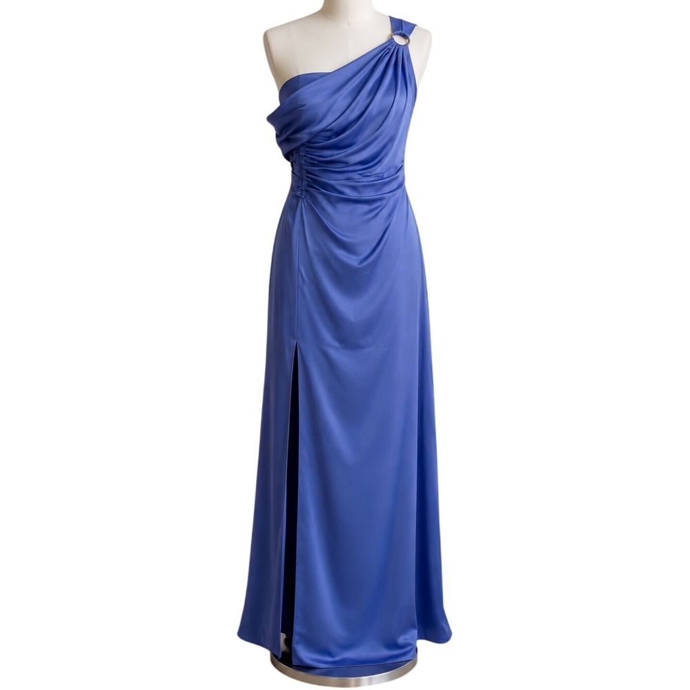 AMUR One Shoulder Satin Gown Periwinkle Blue Draped Formal Dress Size 4